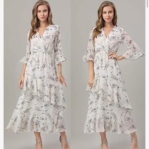 Maxi Dress/Chiffon White with Blue Floral Design